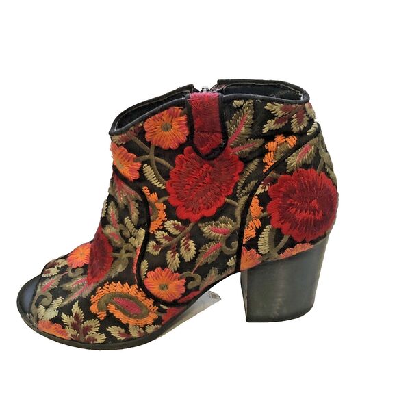 Embroidered Open Toe Black Orange Red Floral Fabric Womens 8.5 Ankle Boot Boho - Picture 4 of 11